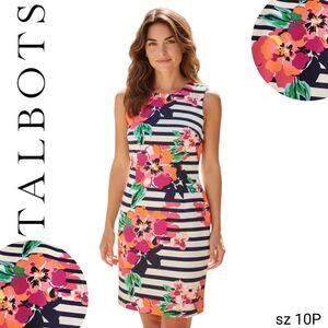 Talbots White w Navy Stripes & Pink Flowers Tunic Style Sleeveless Sheath Dress